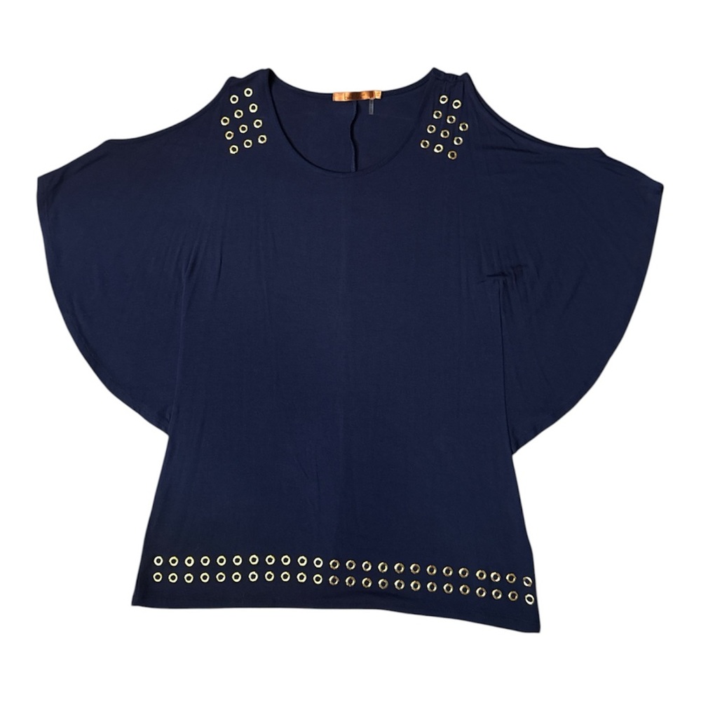 Belldini Open Shoulder Butterfly Sleeve Blouse, Gold Grommet, Navy Blue, Size S